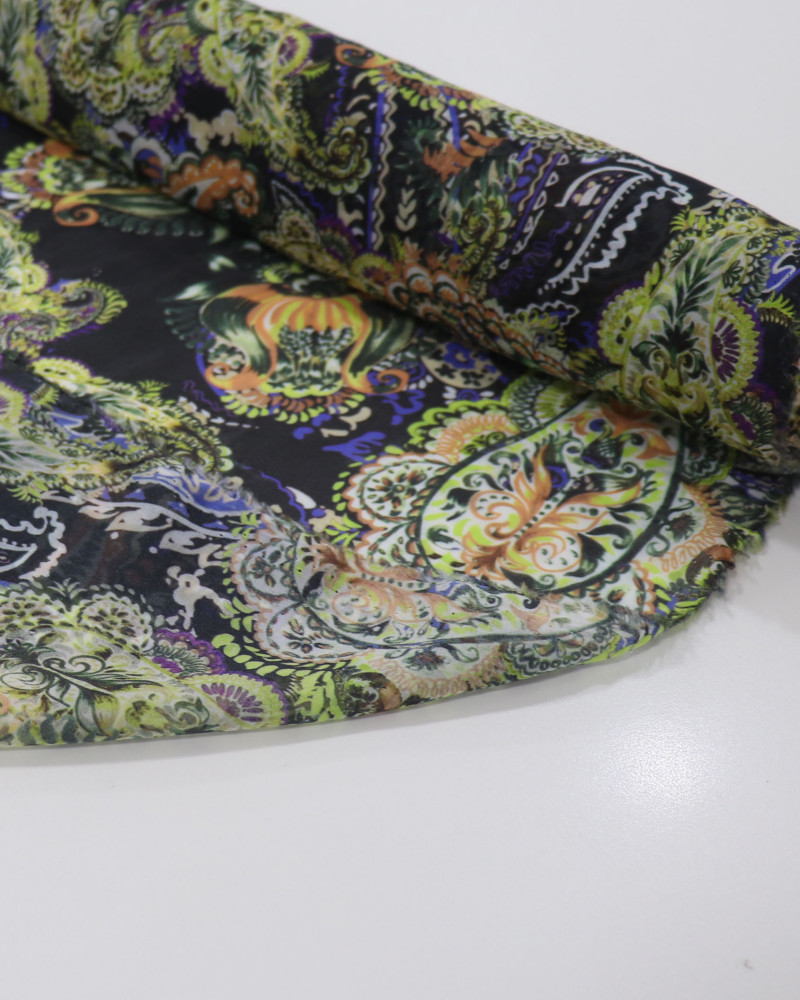 Tecido Crepe Chiffon Italiano Cashmere Azul, Amarelo e Preto