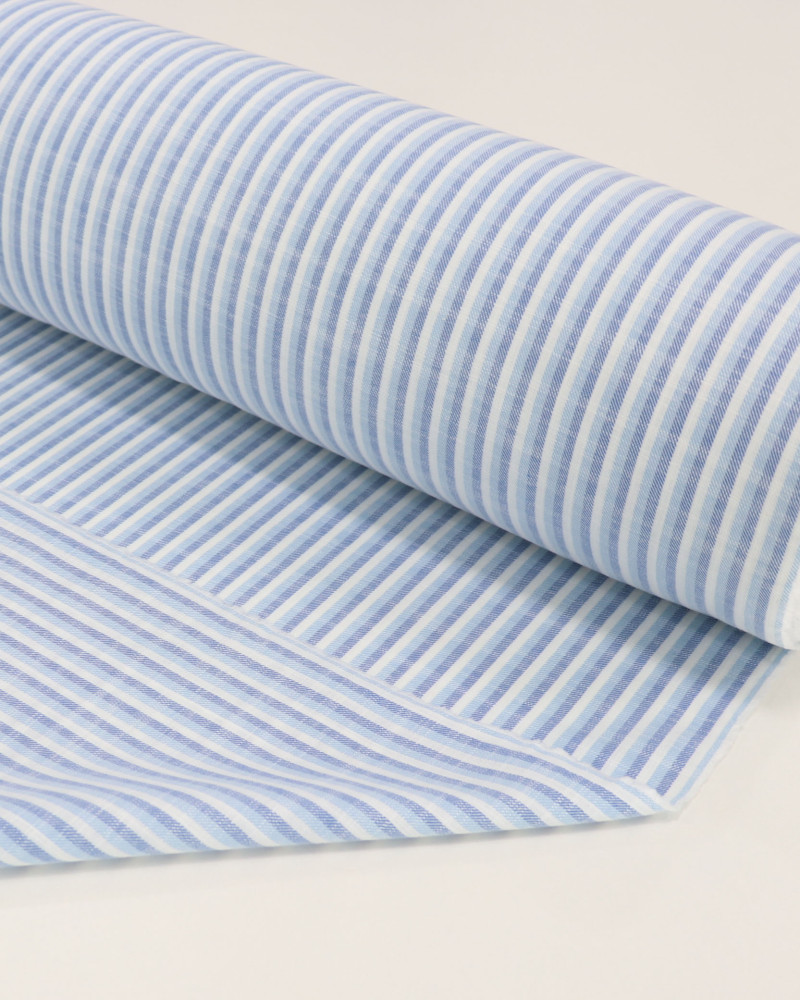 Tecido Tricoline Verano Flamê Listrado Branco e Tons de Azul