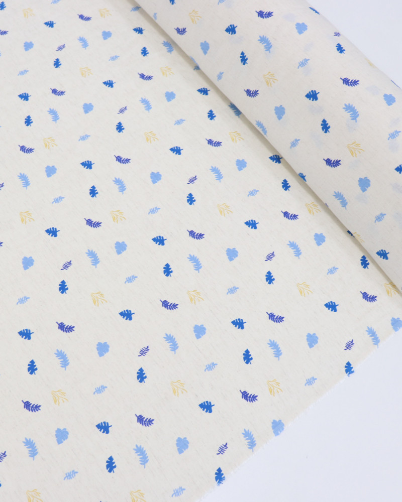 Tecido Linho Camisaria Micro Folhagens Amarelo, Tons de Azul e Cru