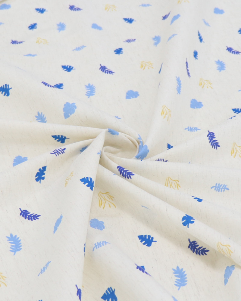 Tecido Linho Camisaria Micro Folhagens Amarelo, Tons de Azul e Cru