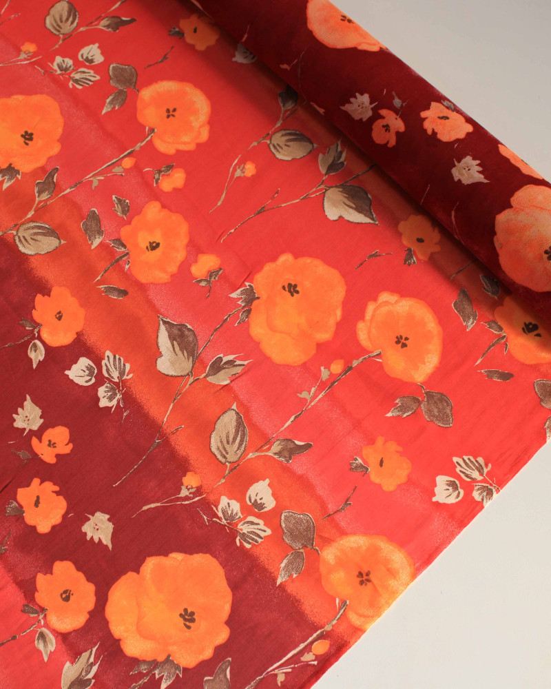 Tecido Crepe Chiffon Italiano Barrado Vertical e Flores Laranja e Tons Quentes