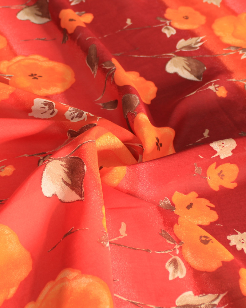 Tecido Crepe Chiffon Italiano Barrado Vertical e Flores Laranja e Tons Quentes