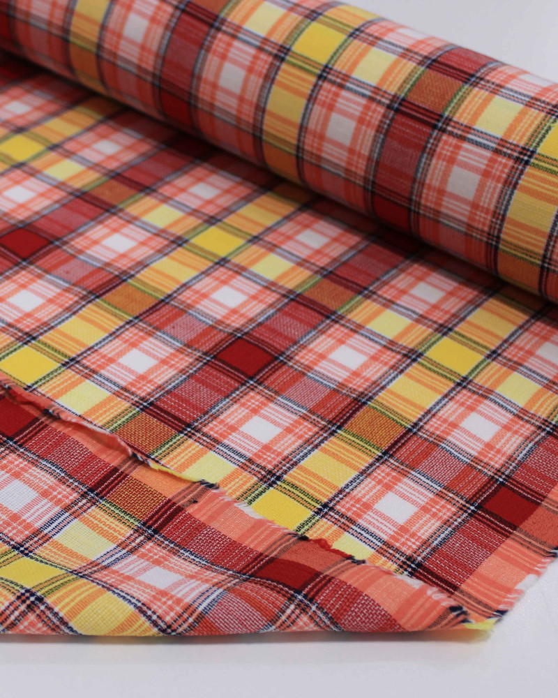 Tecido Linho Misto Italiano Multi Quadriculado Branco, Vermelho e Amarelo