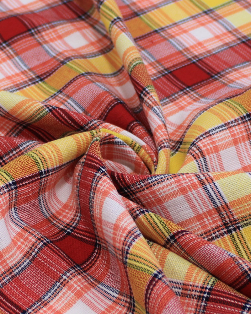 Tecido Linho Misto Italiano Multi Quadriculado Branco, Vermelho e Amarelo