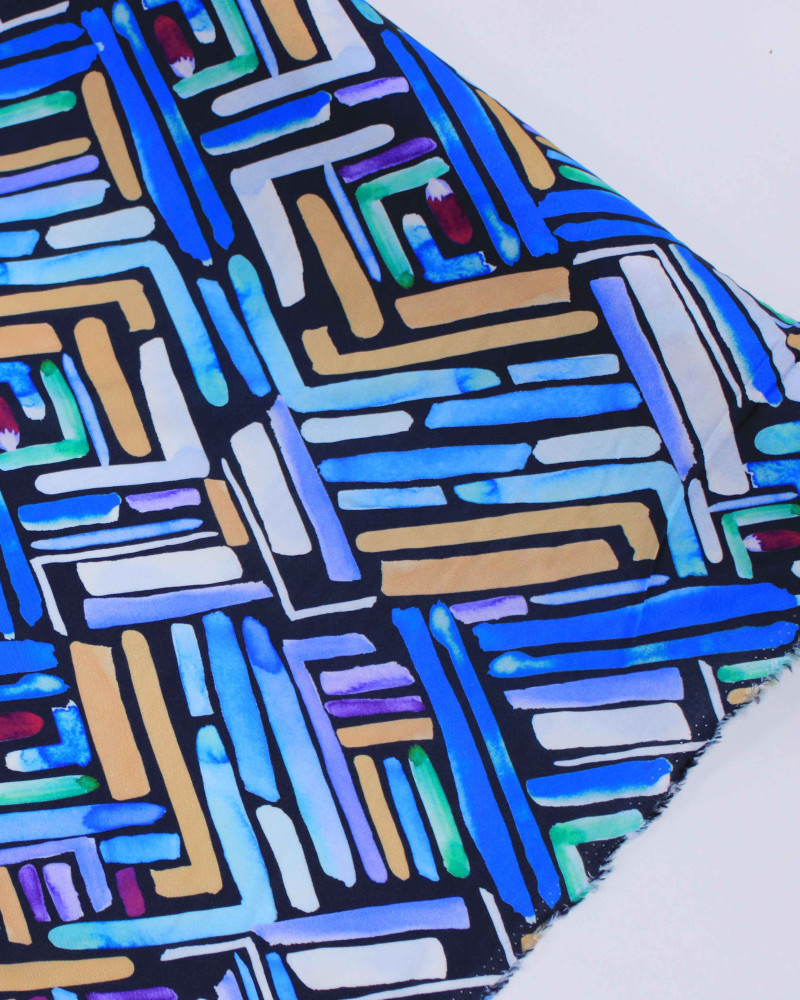 Tecido Viscose Italiano Riscos Colorido e Tons de Azul