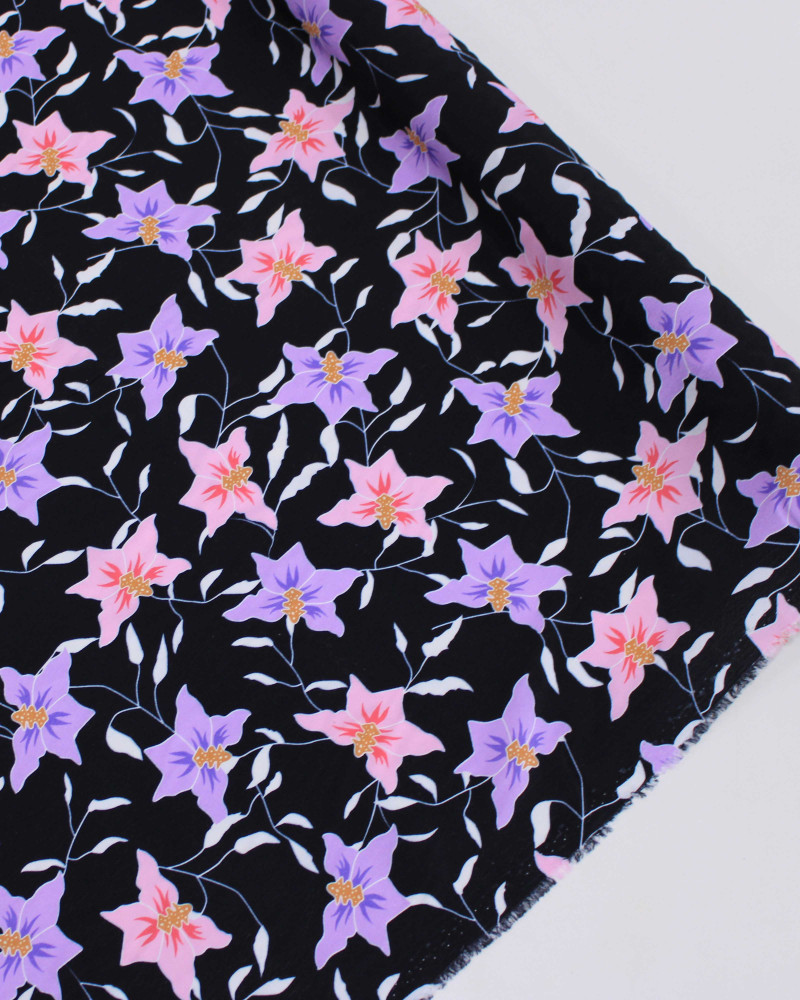 Tecido Crepe de Viscose Flores Rosa, Roxo e Preto
