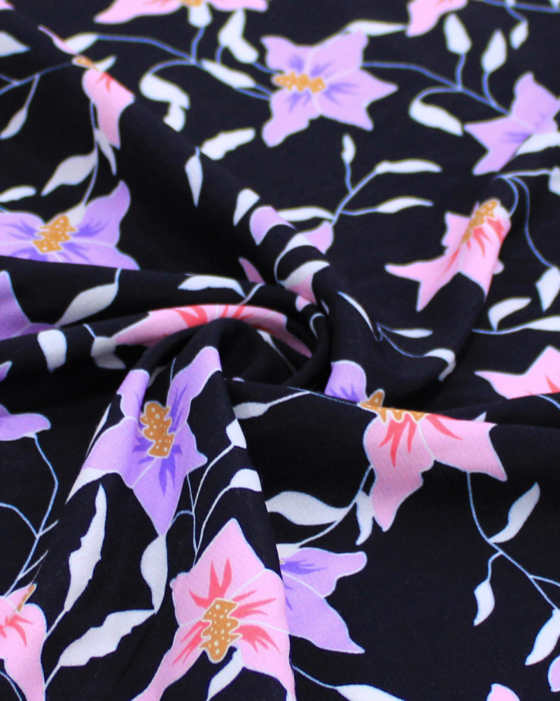 Tecido Crepe de Viscose Flores Rosa, Roxo e Preto