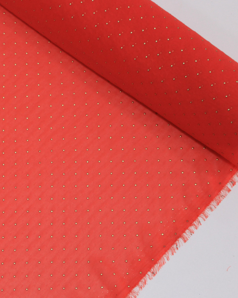 Tecido Crepe Chiffon Micro Poá Metalizado Dourado e Vermelho (1m)