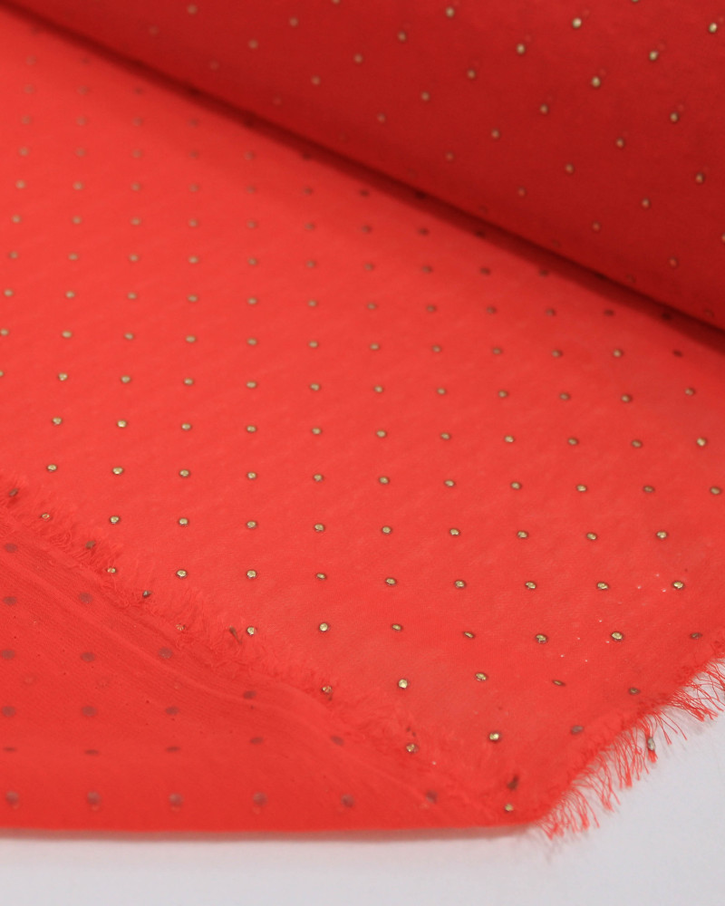 Tecido Crepe Chiffon Micro Poá Metalizado Dourado e Vermelho (1m)