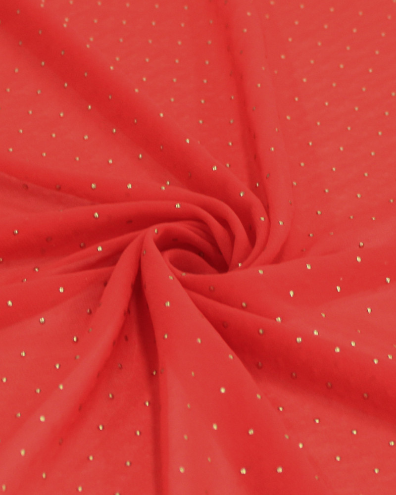 Tecido Crepe Chiffon Micro Poá Metalizado Dourado e Vermelho (1m)
