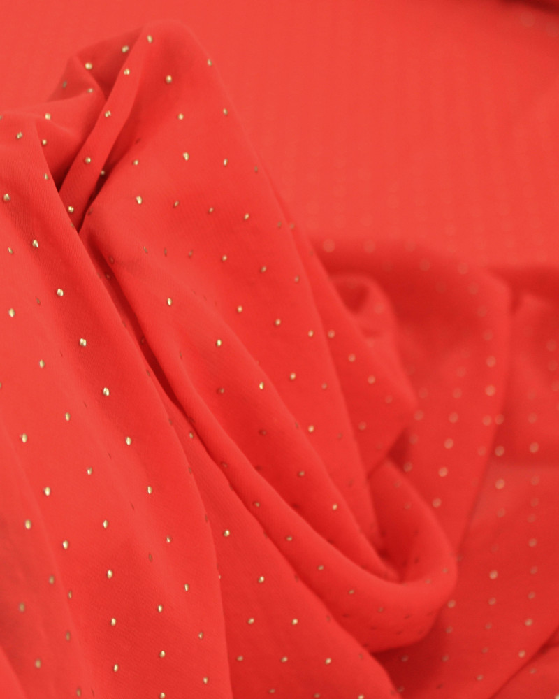 Tecido Crepe Chiffon Micro Poá Metalizado Dourado e Vermelho (1m)