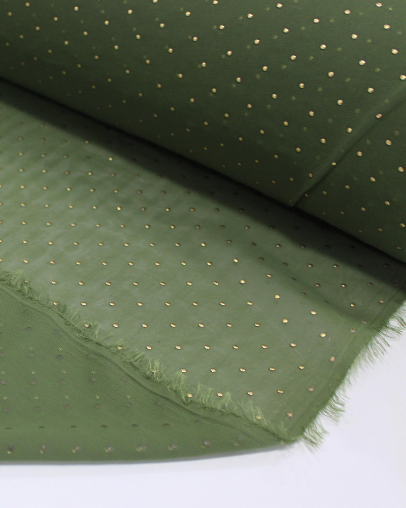 Tecido Crepe Chiffon Micro Poá Metalizado Dourado e Verde Militar