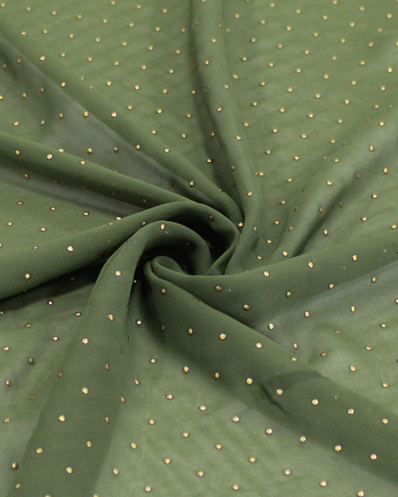 Tecido Crepe Chiffon Micro Poá Metalizado Dourado e Verde Militar