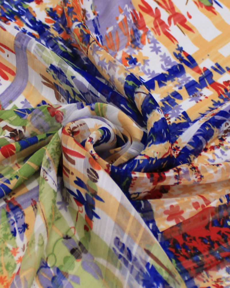 Tecido Crepe Chiffon Brocado Quadriculado e Pinturas Abstratas Colorido (0.5m)