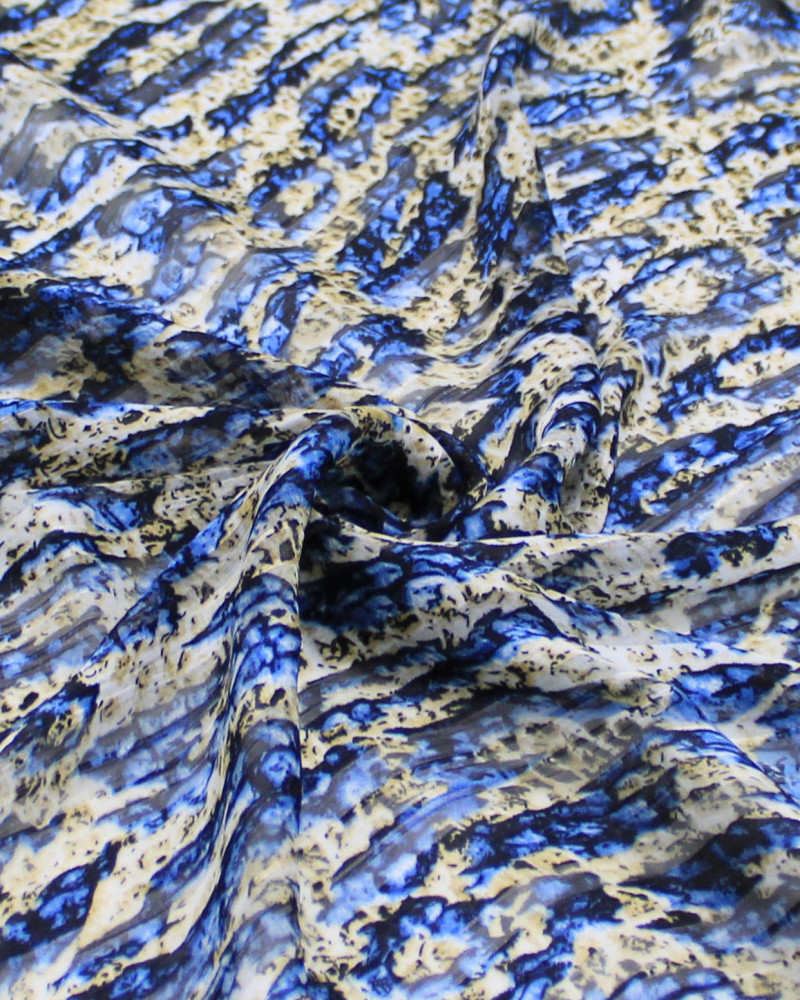 Tecido Crepe Chiffon Brocado Animal Print Abstrato Tons de Azul e Bege