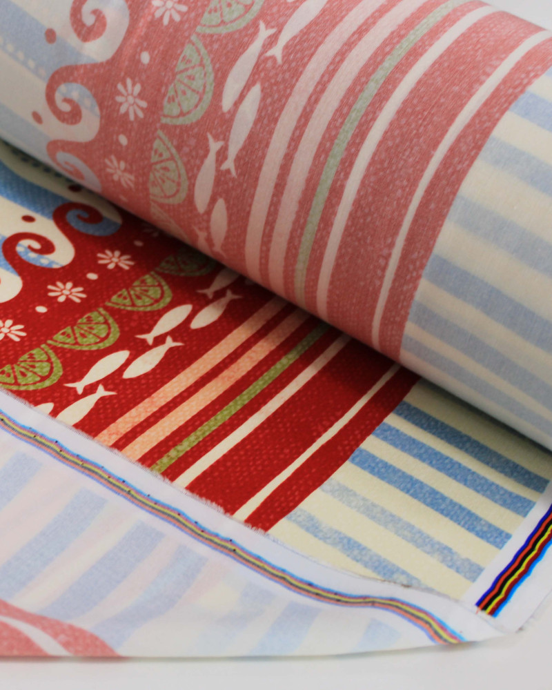 Tecido Viscose Premium Barrado Sardines Estampadas e Listras Verticais Vermelho, Azul e Offwhite