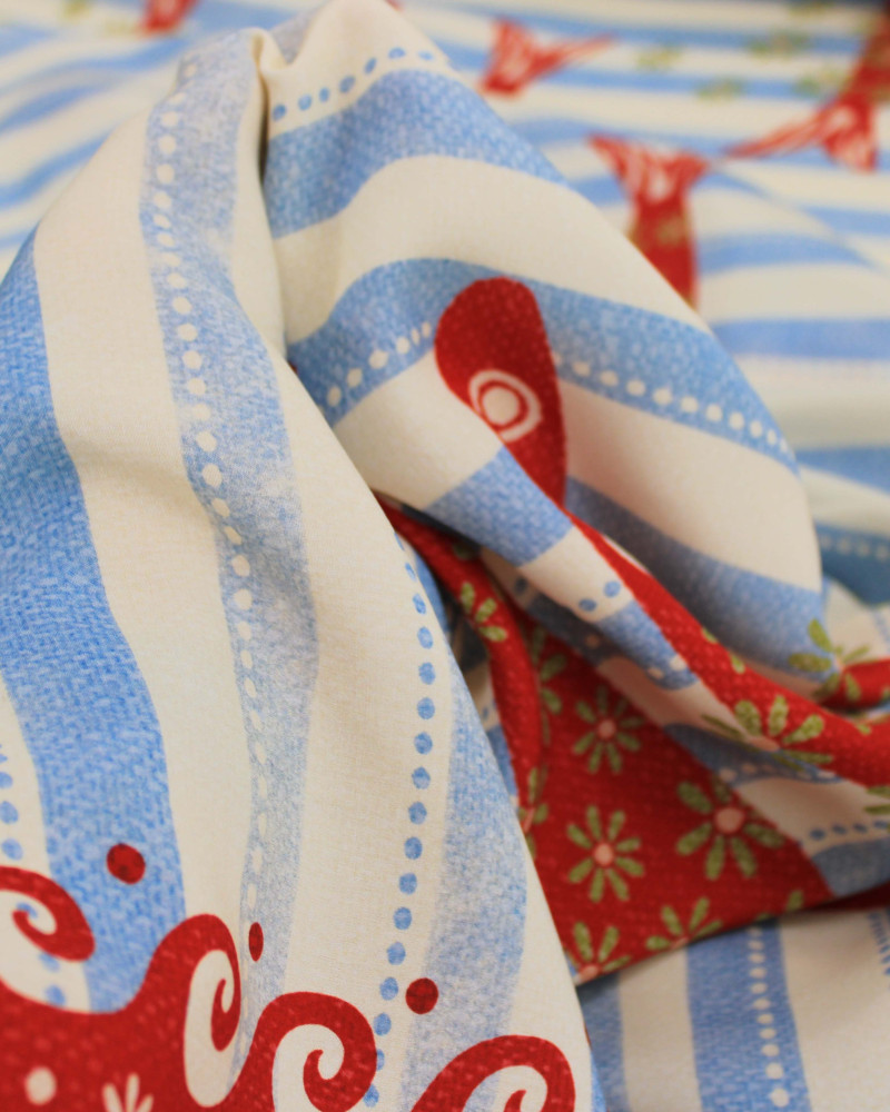Tecido Viscose Premium Barrado Sardines Estampadas e Listras Verticais Vermelho, Azul e Offwhite