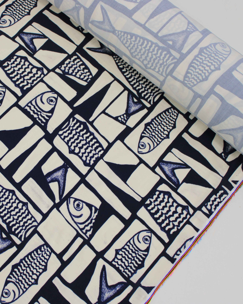 Tecido Viscose Premium Sardine Geométrico Irregular Azul Marinho Noite e Offwhite