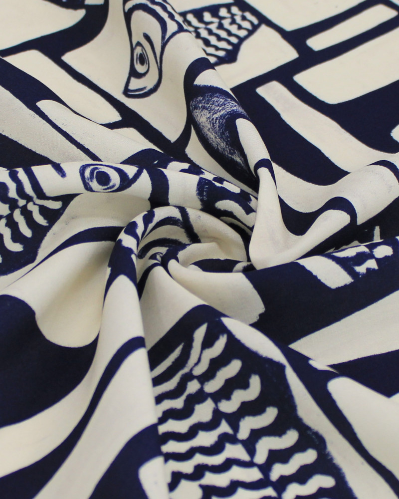 Tecido Viscose Premium Sardine Geométrico Irregular Azul Marinho Noite e Offwhite