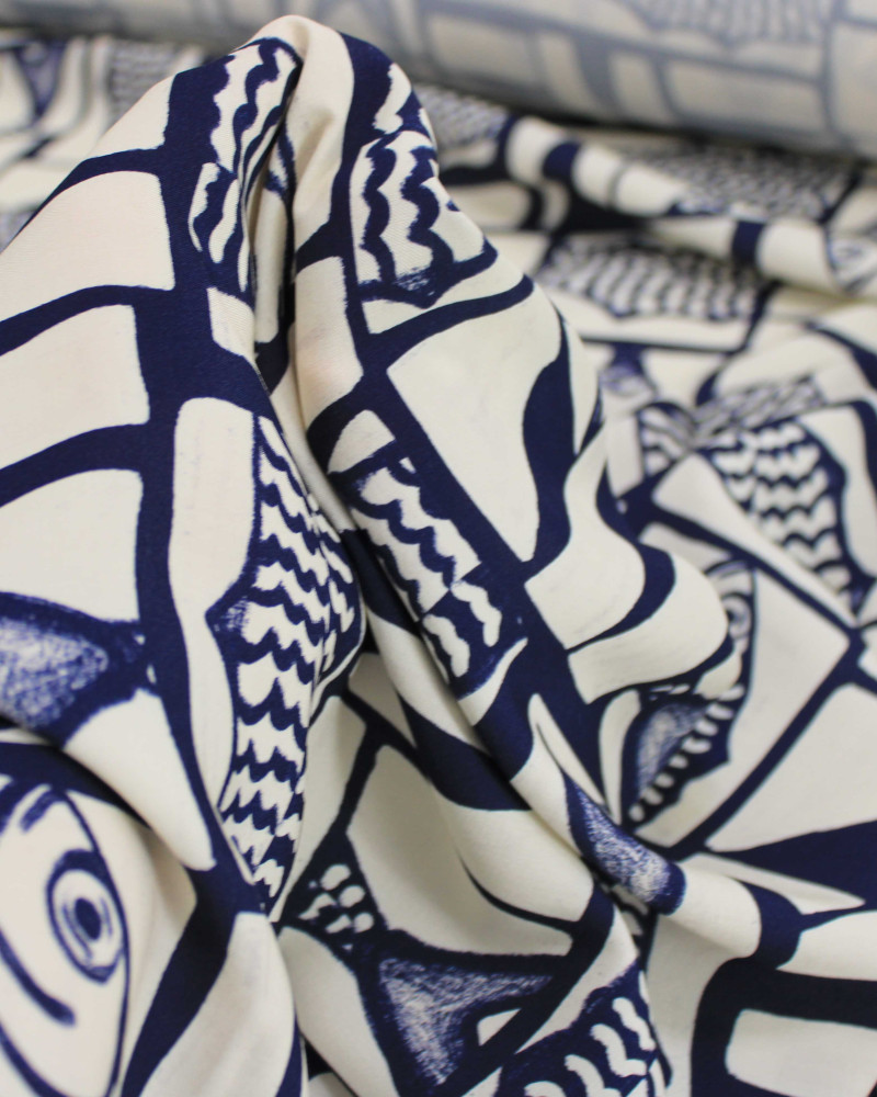 Tecido Viscose Premium Sardine Geométrico Irregular Azul Marinho Noite e Offwhite