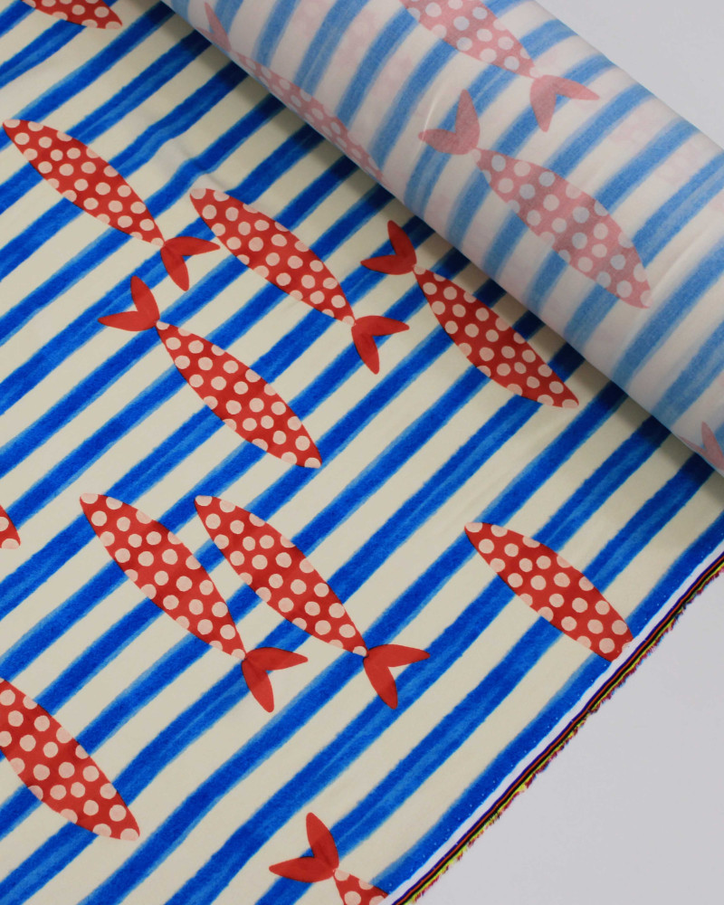 Tecido Viscose Premium Sardine Estampada Vertical e Listras Azul, Vermelho e Offwhite