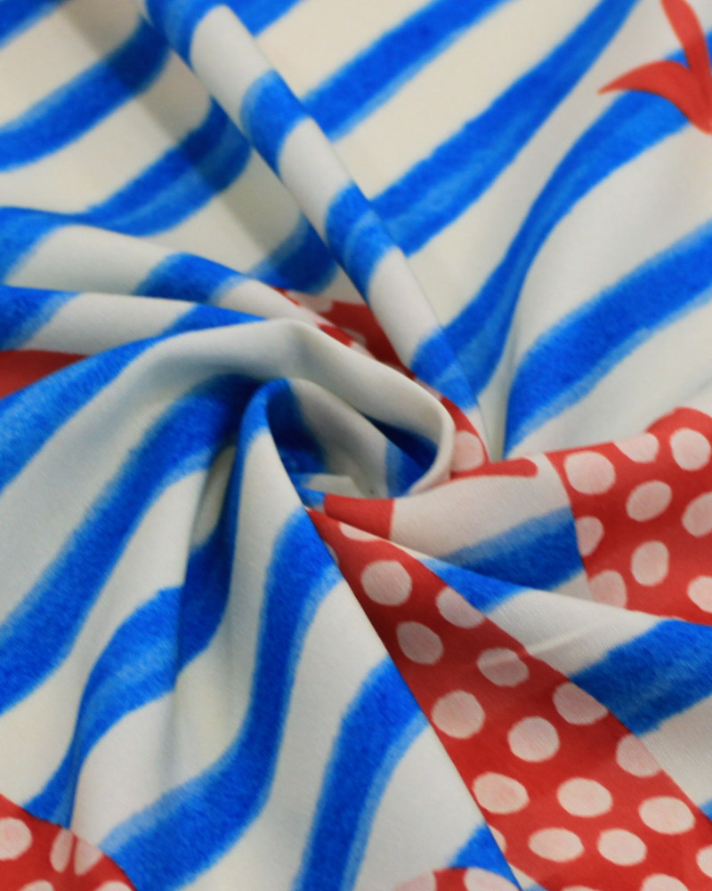 Tecido Viscose Premium Sardine Estampada Vertical e Listras Azul, Vermelho e Offwhite