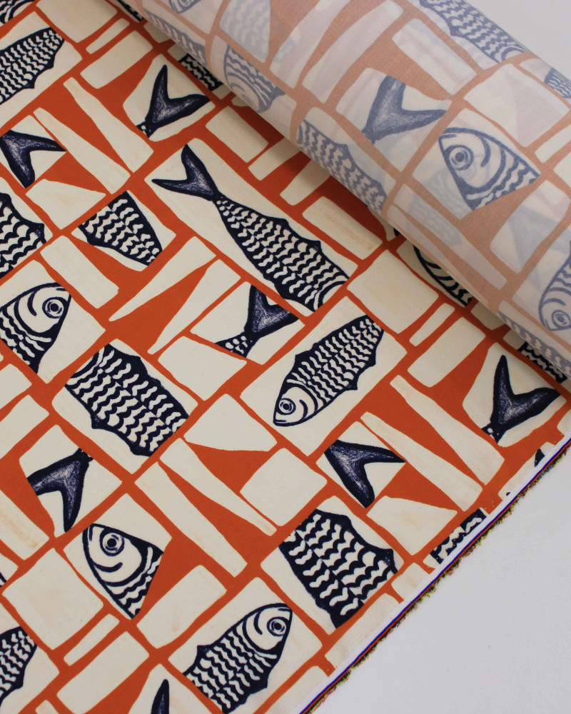 Tecido Viscose Premium Sardine Geométrico Irregular Azul Marinho, Ferrugem e Offwhite
