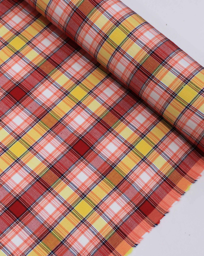 Tecido Linho Misto Italiano Multi Quadriculado Branco, Vermelho e Amarelo
