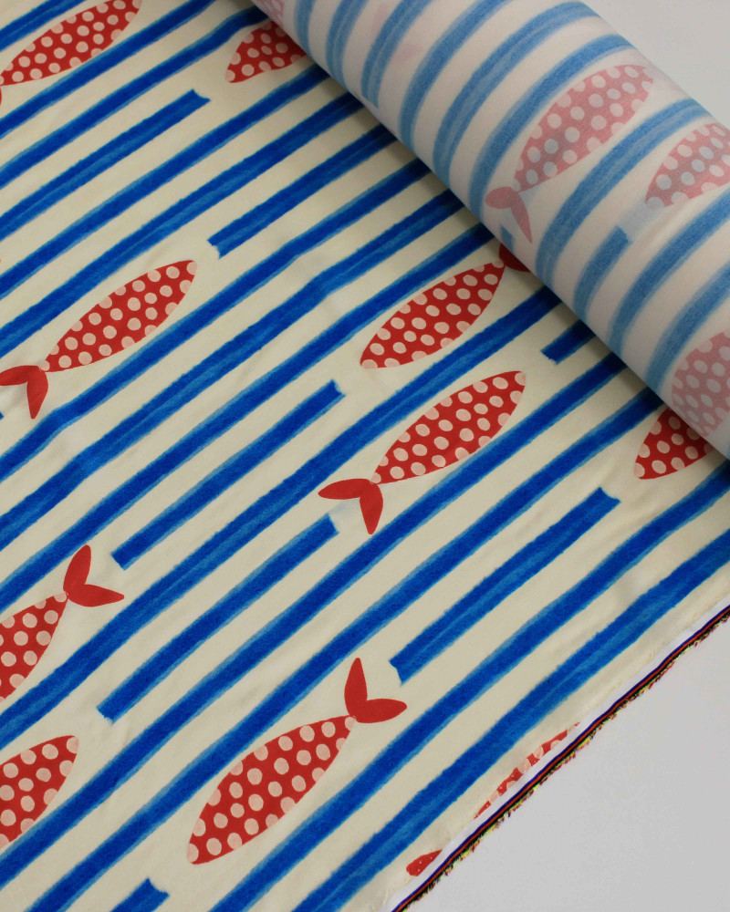 Tecido Viscose Premium Sardine Estampada Horizontal e Listras Vermelo, Azul e Offwhite