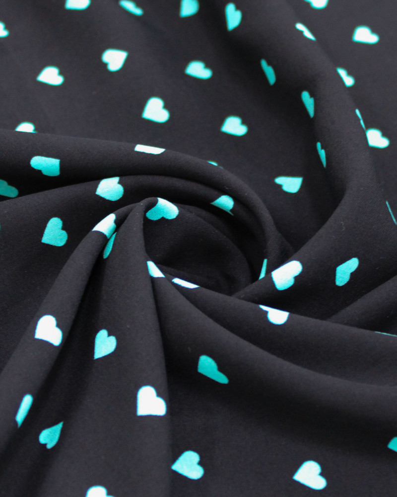 Tecido Viscose Micro Corações Verde Tifany e Preto