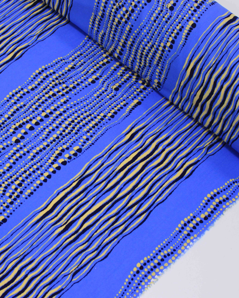 Tecido Viscose Listrado Irregular Pontilhado Creme e Tons de Azul