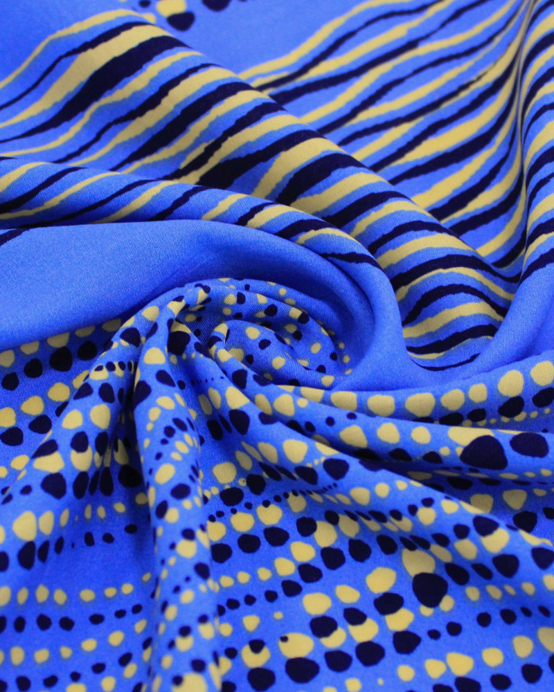Tecido Viscose Listrado Irregular Pontilhado Creme e Tons de Azul