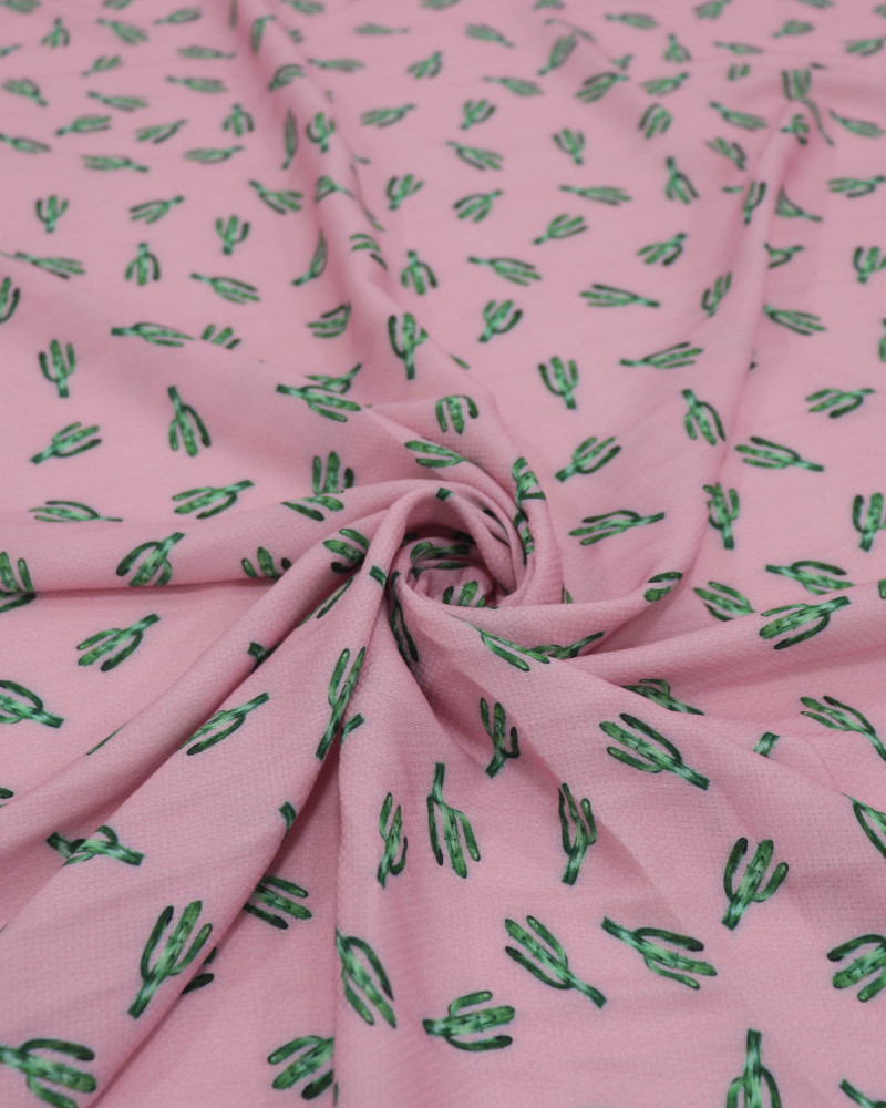 Tecido Viscose Texturizada Cactos Verde e Rosa Bebê