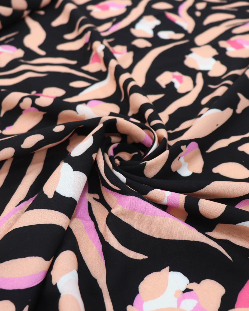 Tecido Viscose Estampa Figuras Abstratas Salmão, Rosa e Preto