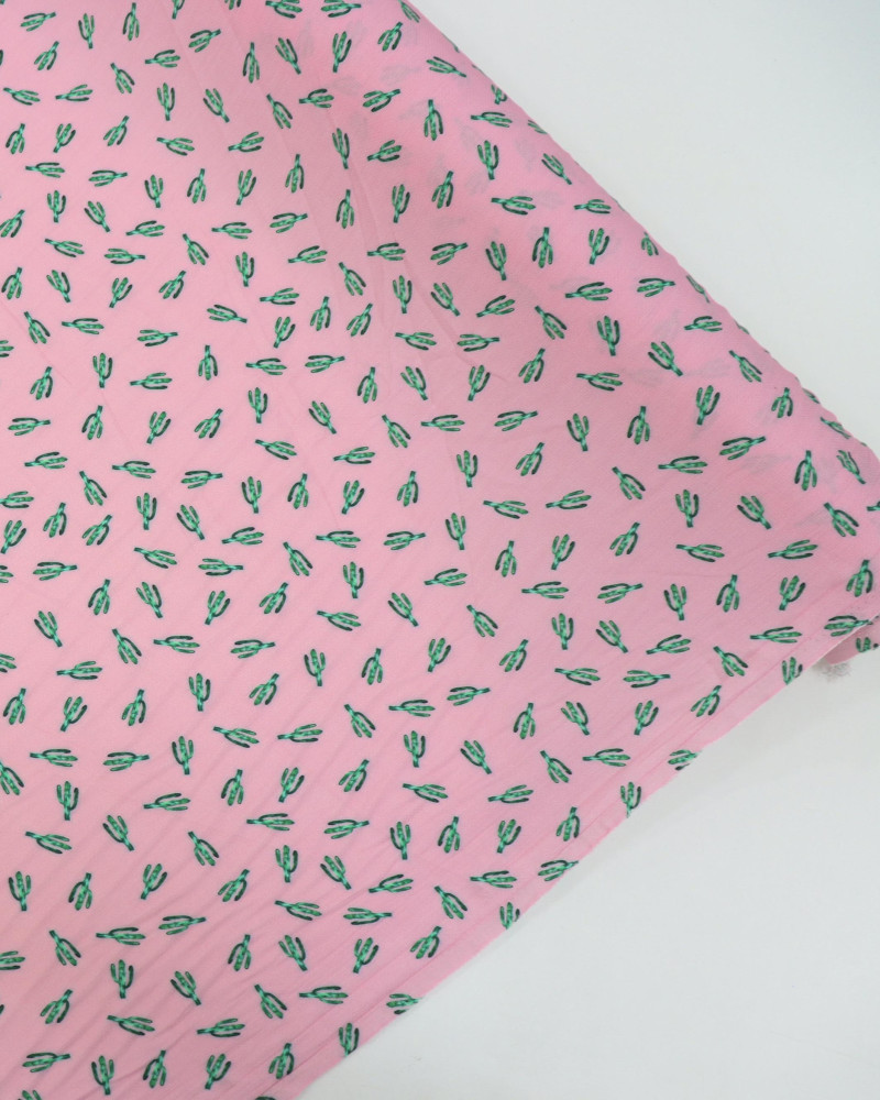 Tecido Viscose Texturizada Cactos Verde e Rosa Bebê
