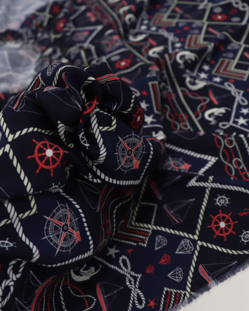 Tecido Viscose Estampa Náutica Branco Vermelho e Azul Marinho