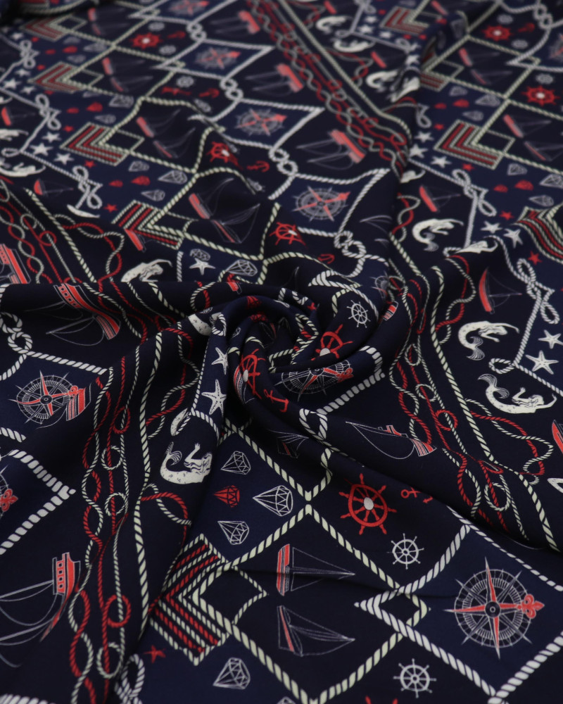 Tecido Viscose Estampa Náutica Branco Vermelho e Azul Marinho