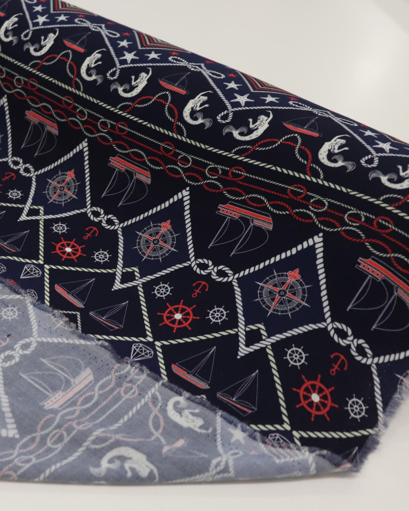 Tecido Viscose Estampa Náutica Branco Vermelho e Azul Marinho