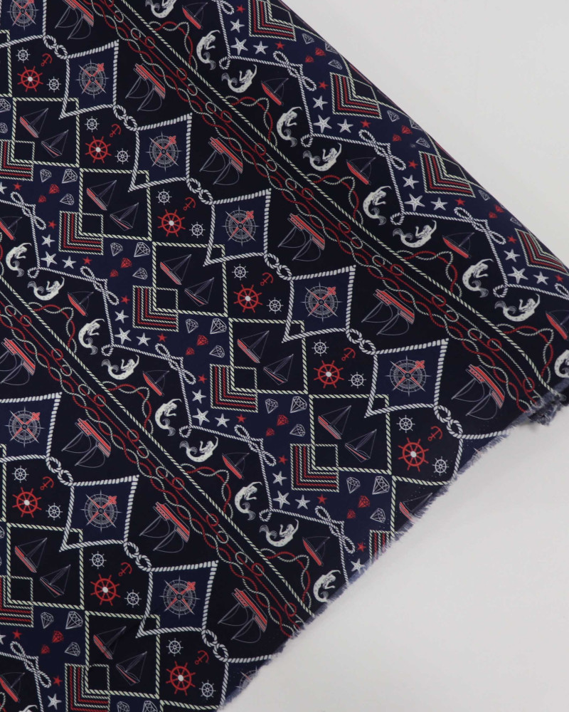Tecido Viscose Estampa Náutica Branco Vermelho e Azul Marinho