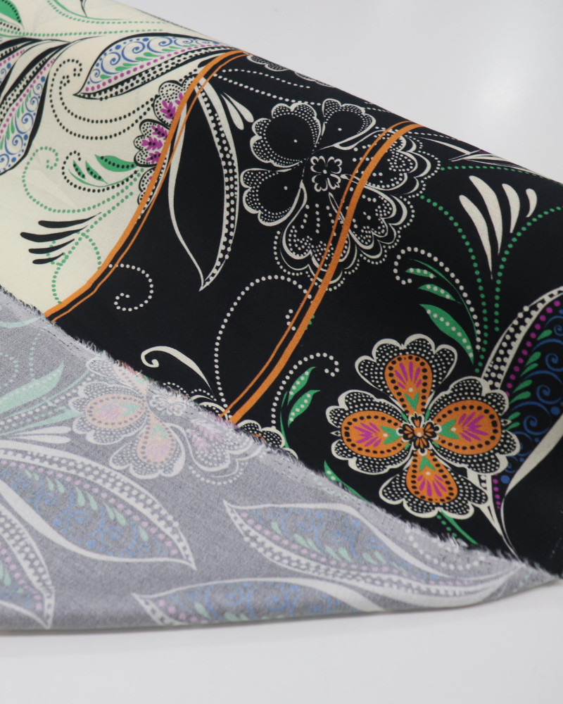 Tecido Crepe de Viscose Barrado Duplo e Floral Pontilhado Creme e Preto