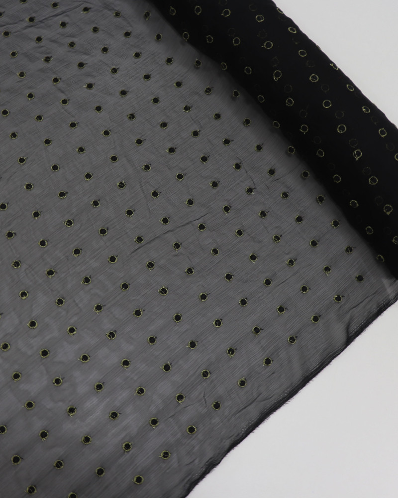 Tecido Crepe Chiffon Texturizado Com Bordados Poá Dourado e Preto