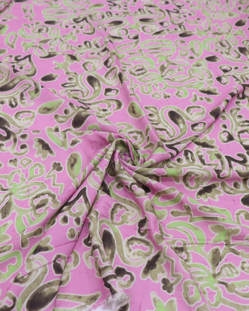Tecido Viscose Estampa Étnica Verde e Rosa Chiclete