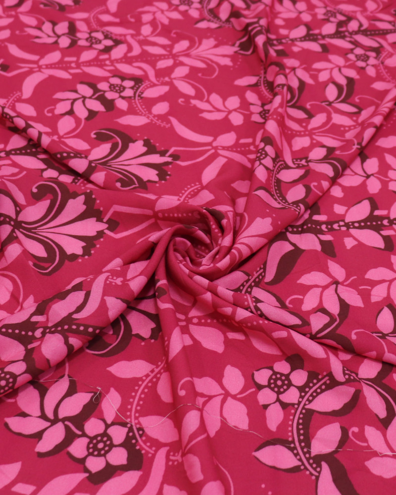 Tecido Viscose Flores e Ramos Pontilhados Tons de Rosa