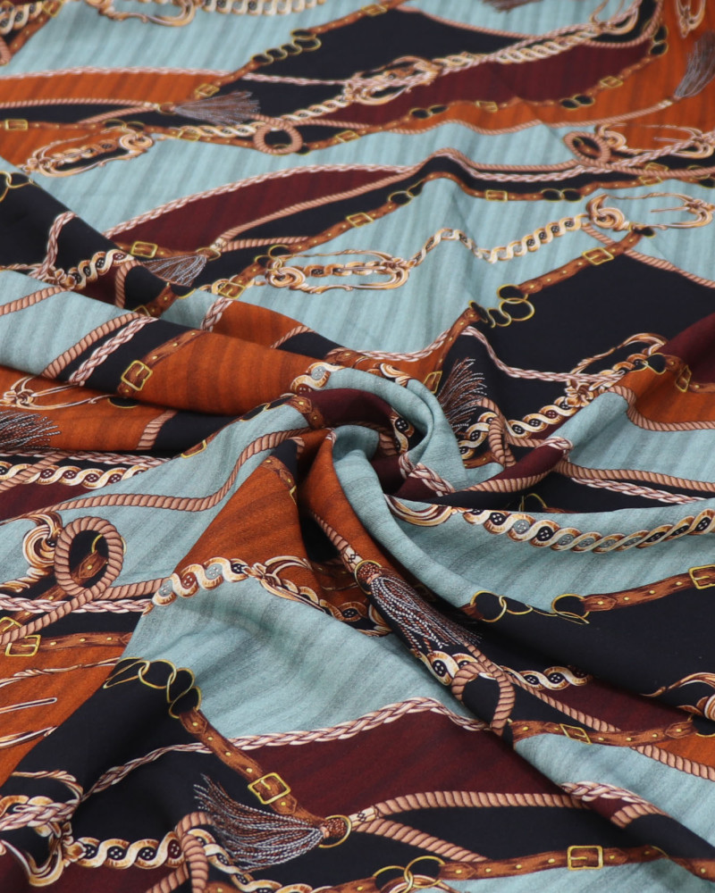 Tecido Viscose Estampa Correntes em Recortes Terracota, Azul e Marsala