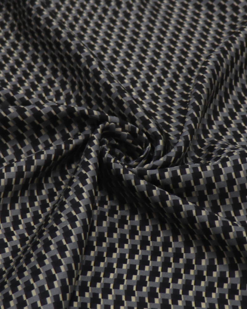 Tecido Crepe Silk Italiano Micro Geométrico Preto, Bege e Cinza