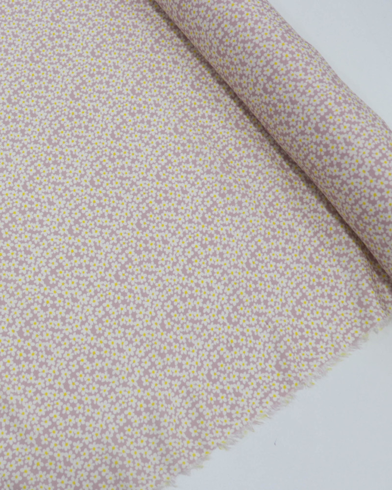 Tecido Viscose Sarjada Italiano Micro Margaridas Amarelo, Branco e Rosé