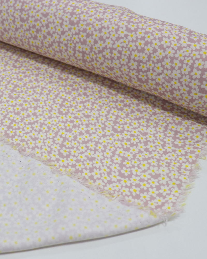 Tecido Viscose Sarjada Italiano Micro Margaridas Amarelo, Branco e Rosé