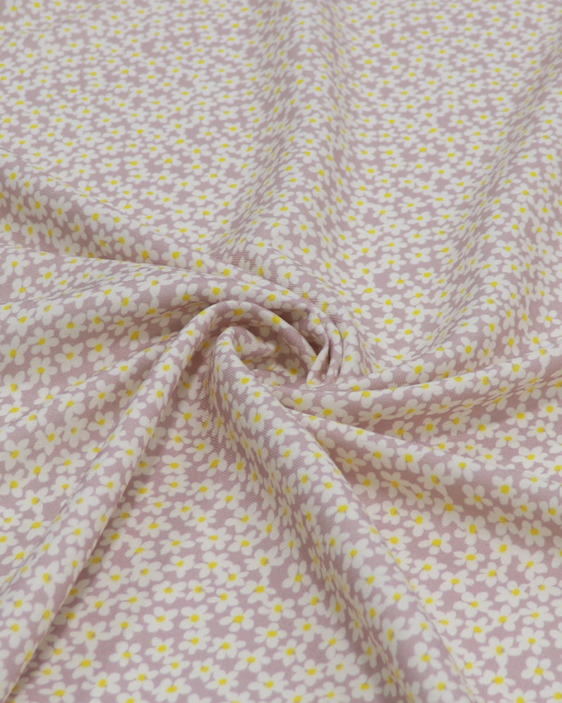 Tecido Viscose Sarjada Italiano Micro Margaridas Amarelo, Branco e Rosé