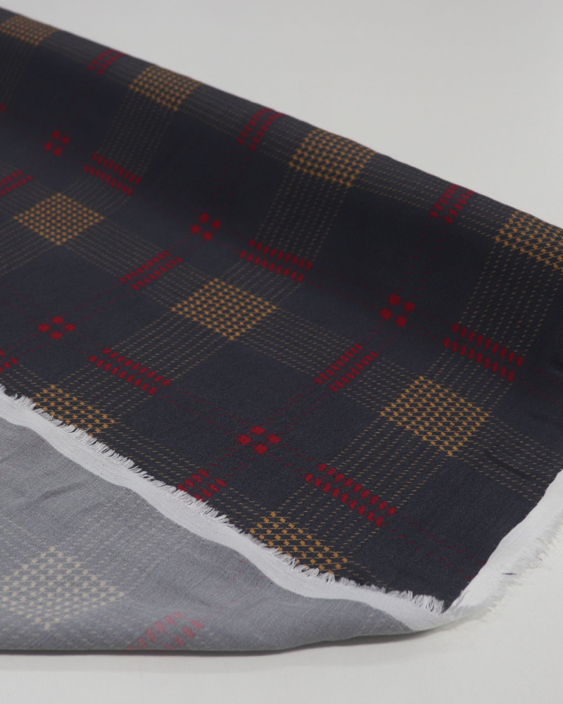 Tecido Crepe de Viscose Italiano Multi Quadriculado Vermelho, Amarelo e Cinza