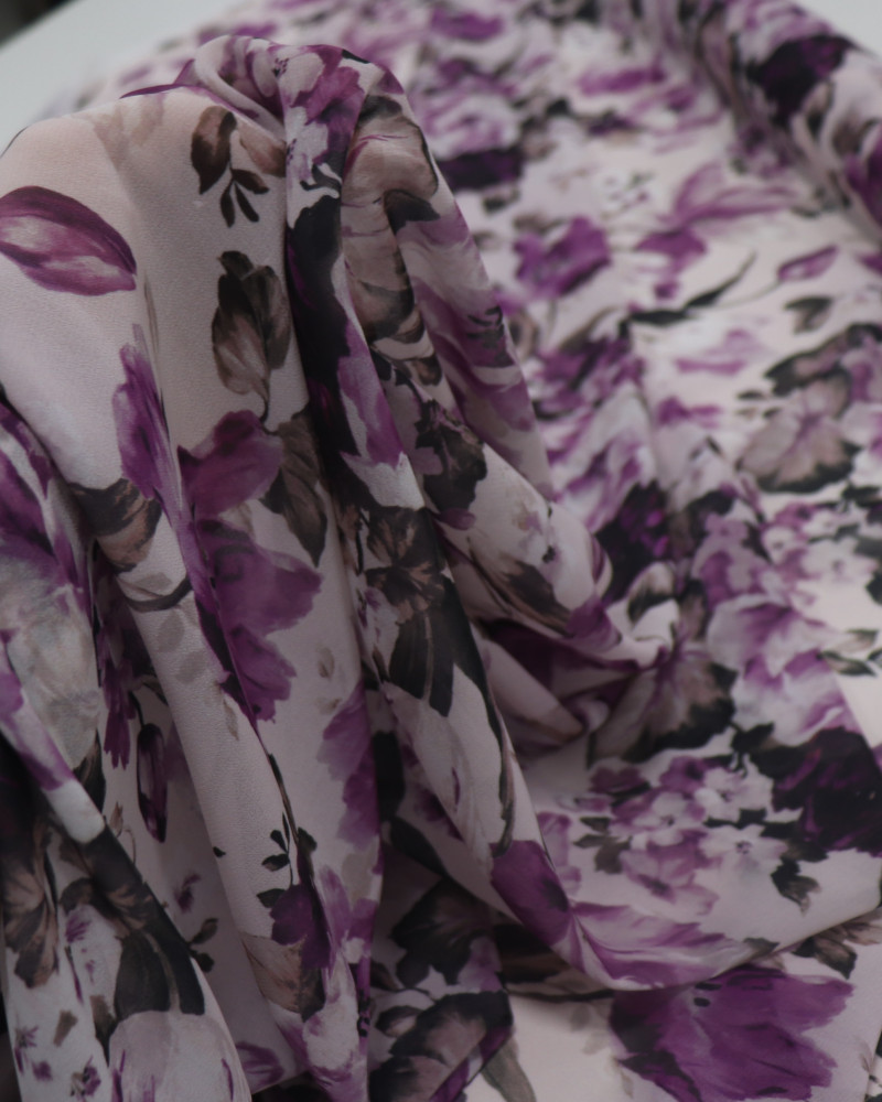 Tecido Crepe Chiffon Italiano Multi Floral Tons de Lilás